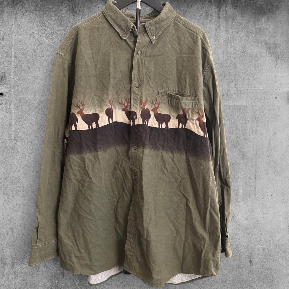 Woolrich long sleeve green button up 2XL cotton AOP deer graphic western style
